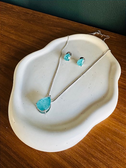 Conjunto Colar e Brinco Pedra Gota Azul