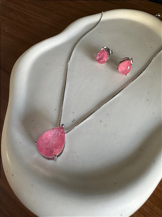 Conjunto Colar e Brinco Pedra Gota Rosa