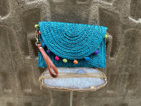 Bolsa Clutche de Palha Azul com Bolinhas Coloridas