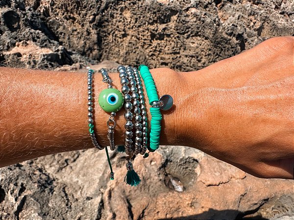 Kit de Pulseiras Verde com Olho Grego