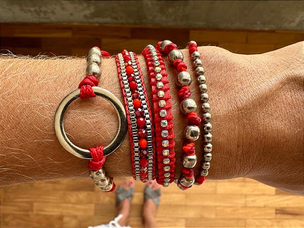 Kit de Pulseiras Vermelhas com Argola Prata