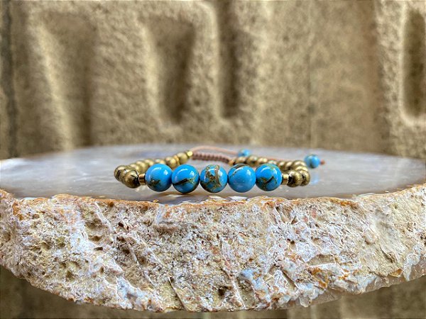 Pulseira Pedra Natural Azurita com Ouro Velho