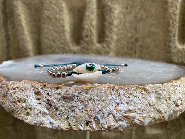Pulseira Verde Escuro com Búzio de Olho Grego