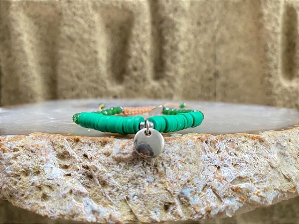 Pulseira Verde e Prateado com Moedinha Lisa