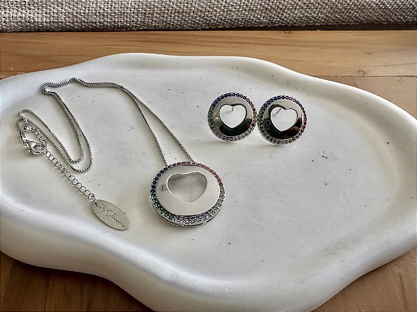 Conjunto Colar e Brinco Coração Zircônia Colorida