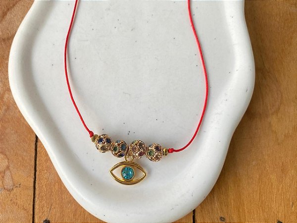 Colar Fiozinho Vermelho com Olho Grego Dourado