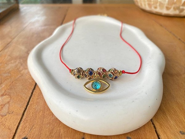 Colar Fiozinho Vermelho com Olho Grego Dourado