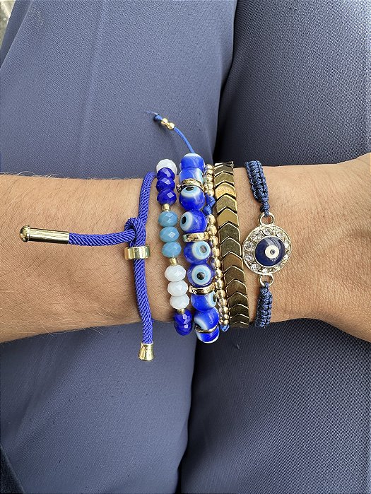 Kit de Pulseiras Proteção Azul e Dourada com Olho Grego