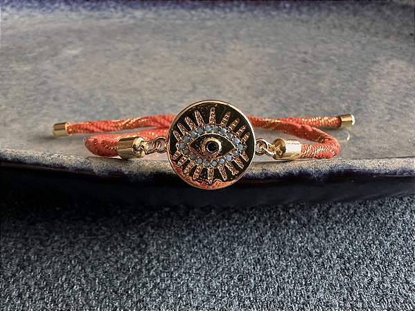 Pulseira Cordão Laranja com Olho Grego Dourado