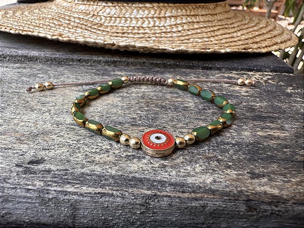 Pulseira Cristais Facetados Verde com Olho Grego