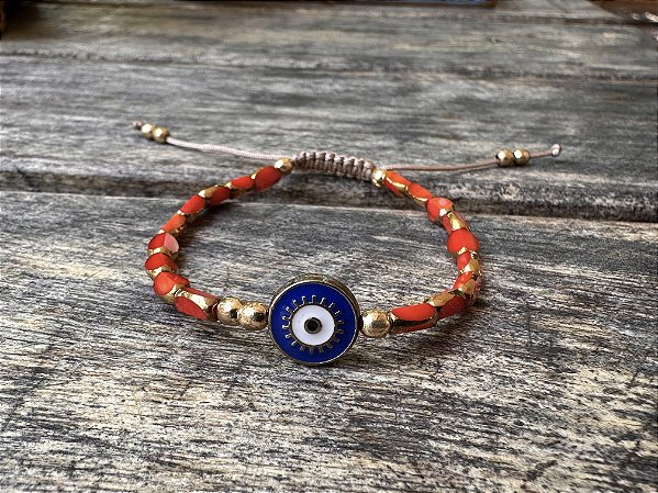 Pulseira Cristais Facetados Laranja com Olho Grego