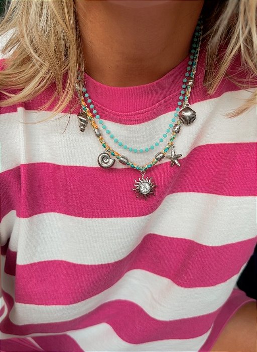 Colar Cordão Verde com Pingentes Mar Prateados