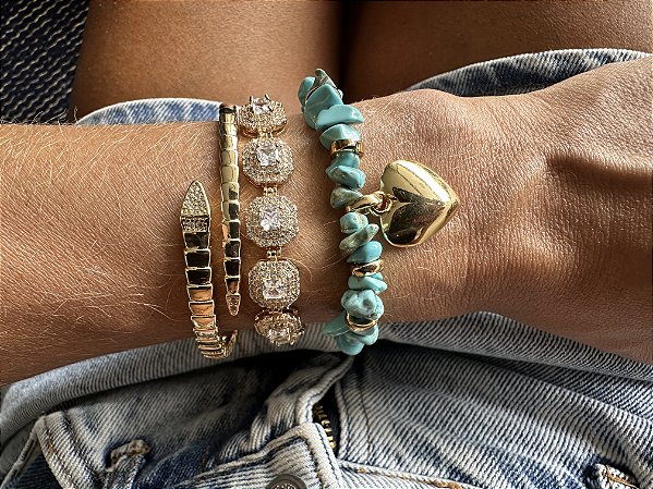 Kit de Pulseiras Azul Turquesa e Dourado com Coração