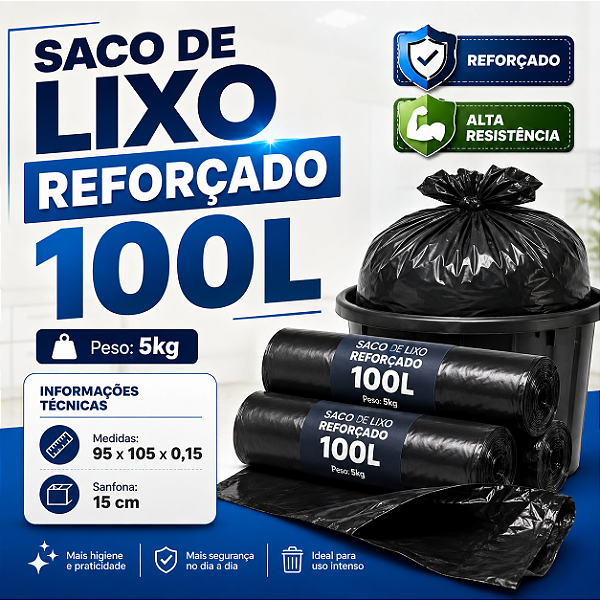 Saco de Lixo Preto Reforçado 100L - 5kg