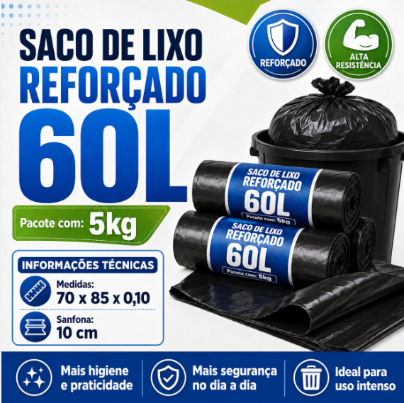 Saco de Lixo Preto Reforçado 60L - 5kg