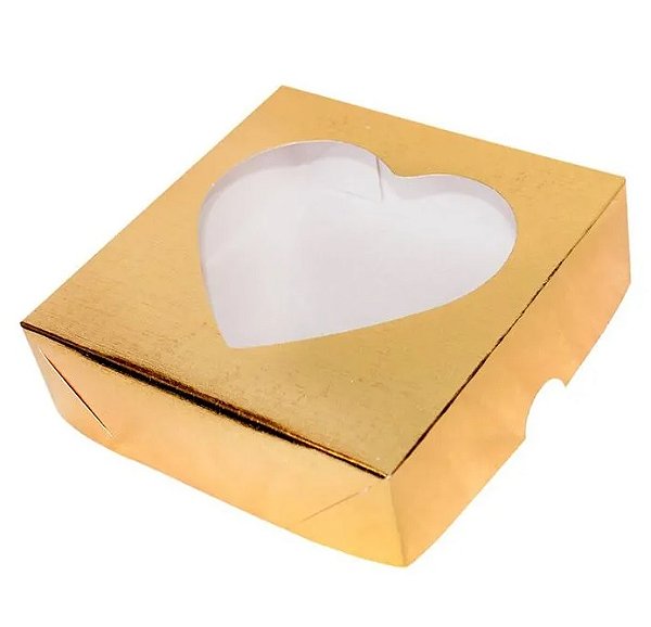 Caixa Com Visor Coração Ouro Texturizado 14x14x4 - 10 Unidades