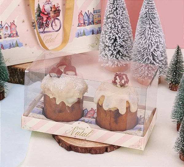 Caixa para 2 Mini Panetones com Tampa de Acetato Neve - 1 Unidade