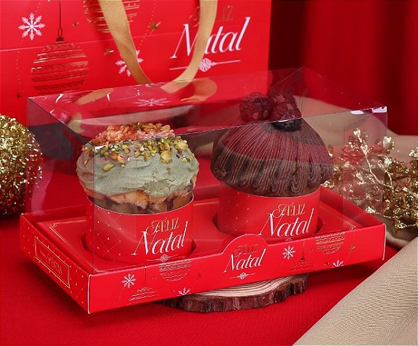 Caixa para 2 Mini Panetones com Tampa de Acetato Luz - 1 Unidade