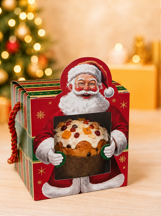 Caixa Para Mini Panetone Com Alça de Cordão e Visor Feliz Natal  10x10x10 - 1 Unidade
