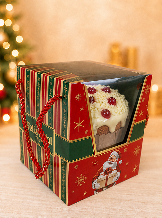 Caixa Para Panetone 500g Com Visor e Alça Feliz Natal 15x15x17 - 1 Unidade