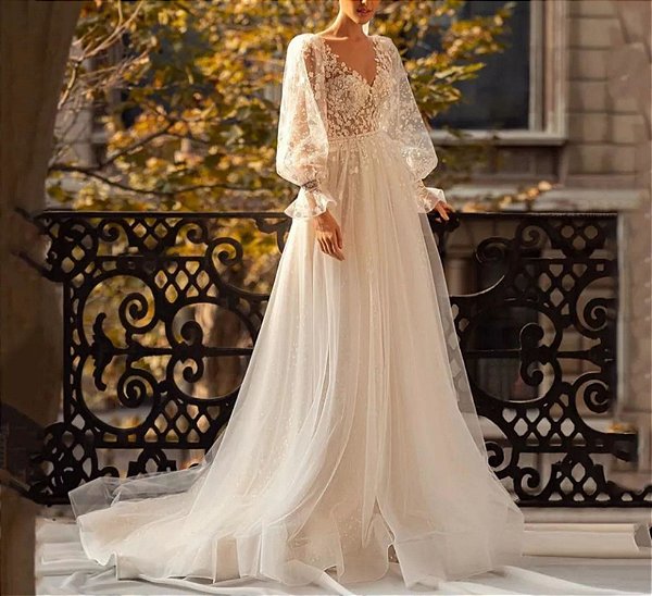 Vestido de noiva com manga longa Império