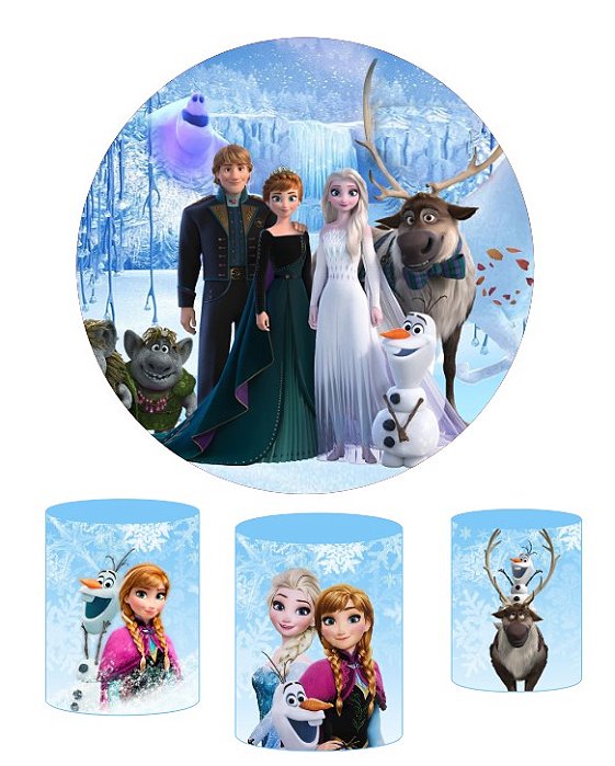 Kit Painel De Festa Frozen 2 Redondo + Trio De Cilindros Em Tecido