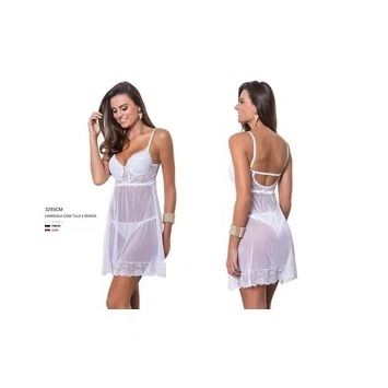 ((QUEIMA DE ESTOQUE)) Camisola Com Tule e Renda - Very Chic - BRANCO