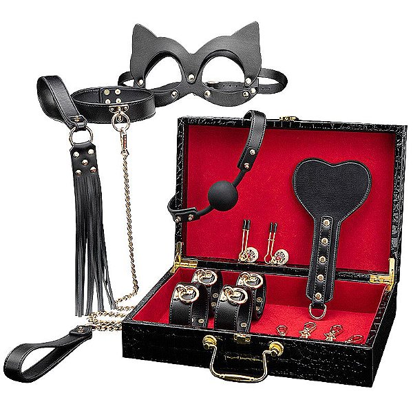 Maleta Kit Sado de Luxo Preto - Algema, Tornozeleira com Corrente,Venda e Chicote