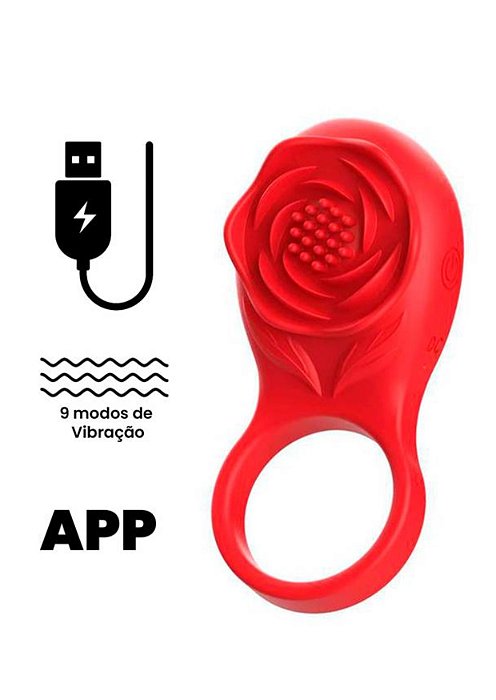 Anel com Estimulador em formato de Flor - APP - Recarga USB - 9 Vibrações -