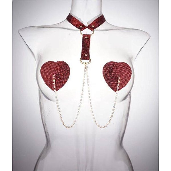 Nippler Cover Protetor de Mamilos em Forma de Coração, Choker e HARNESS - Vermelho