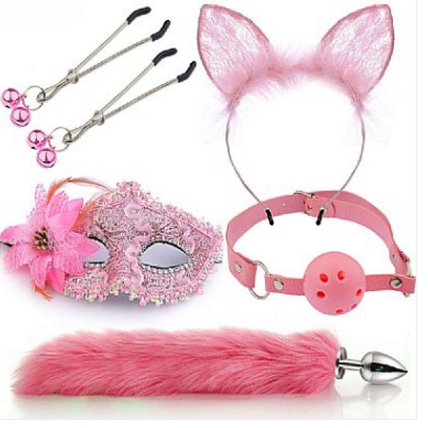Fantasia KIT Rabo de Raposa com Tiara de Orelhas, Grampos Para os Seios em Metal e Gargantilha com Máscara - (Rosa)
