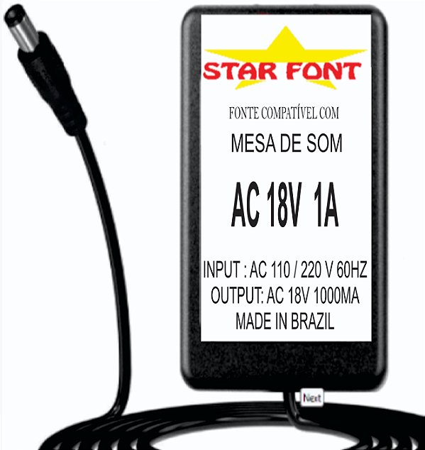 Fonte AC 18V 1A Para Mesa Mixer Alto AMX e ZMX Zephyr