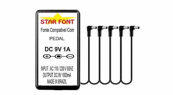 Fonte DC 9V 1A Para 5 Pedais, Multi Pedal