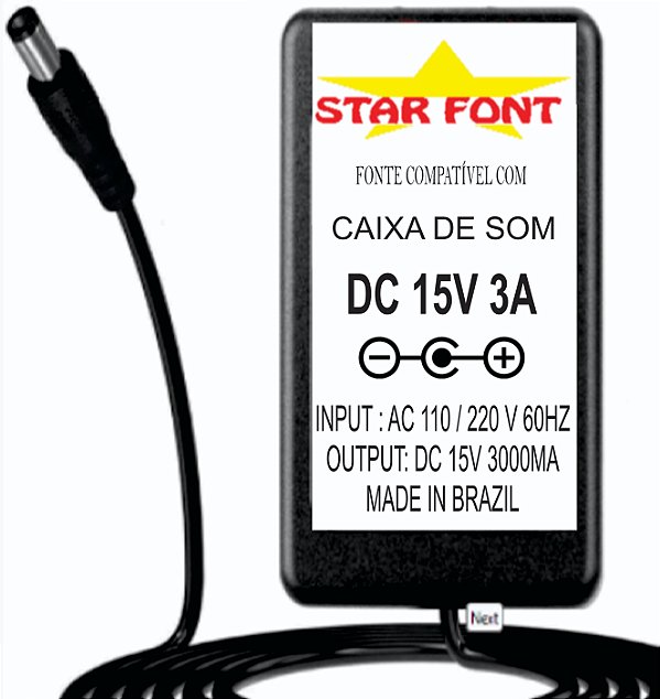 Fonte Carregador DC 15V 3A Para Caixa Amplificada Oneal