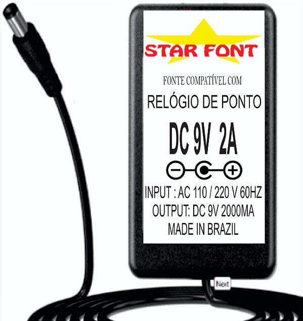 Fonte DC 9V 2A Para Relogio De Ponto Dimep D15719602