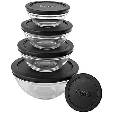 Conjunto 5 potes Vidro Redondos Tampa Plástica Preta Euro