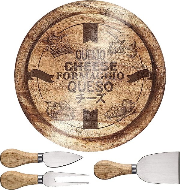 Conjunto para Queijo Tábua Vidro Madeira 4 Peças Euro Home