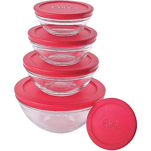 Conjunto 5 Potes de Vidro Redondos Tampa Euro Vermelho