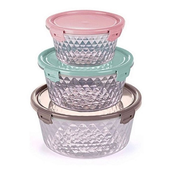 Kit 3 Potes Redondos Com Trava 550ml, 1 Litro E 1,7 Litros