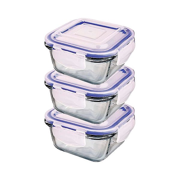 Kit 3 Potes de Vidro Hermético Quadrados 300ml Euro
