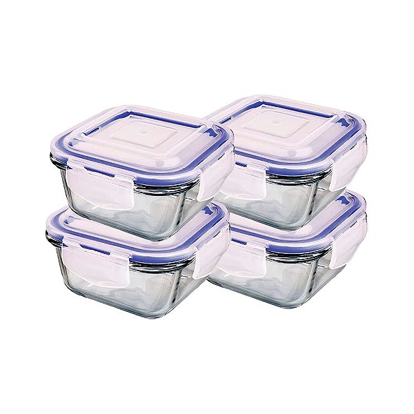 Kit 4 Potes de Vidro Hermético Quadrados 300ml Euro