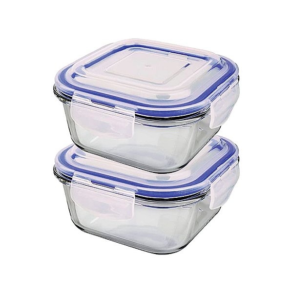 Kit com 2 Potes de Vidro Hermético Quadrados Azul 520ml Euro