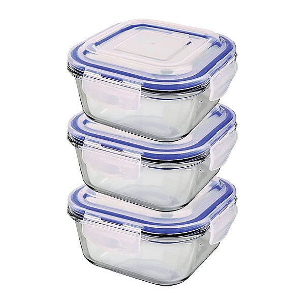Kit com 3 Potes de Vidro Hermético Quadrados Azul 520ml Euro