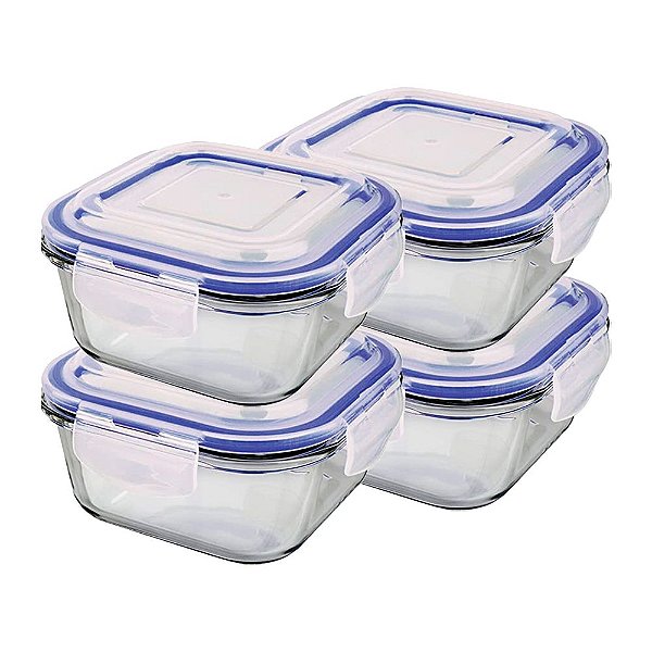 Kit com 4 Potes de Vidro Hermético Quadrados Azul 520ml Euro