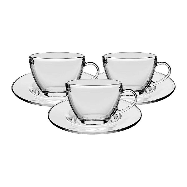 Kit 3 Jogos de Xícaras e Pires em Vidro Plasvale 218ml