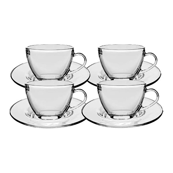 Kit 4 Jogos de Xícaras e Pires em Vidro Plasvale 218ml