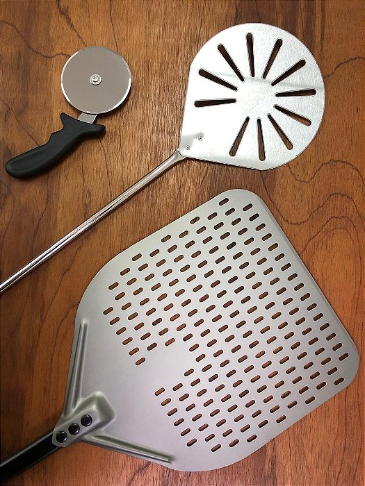 Kit pá perfurada + pá de fornear + cortador de pizza