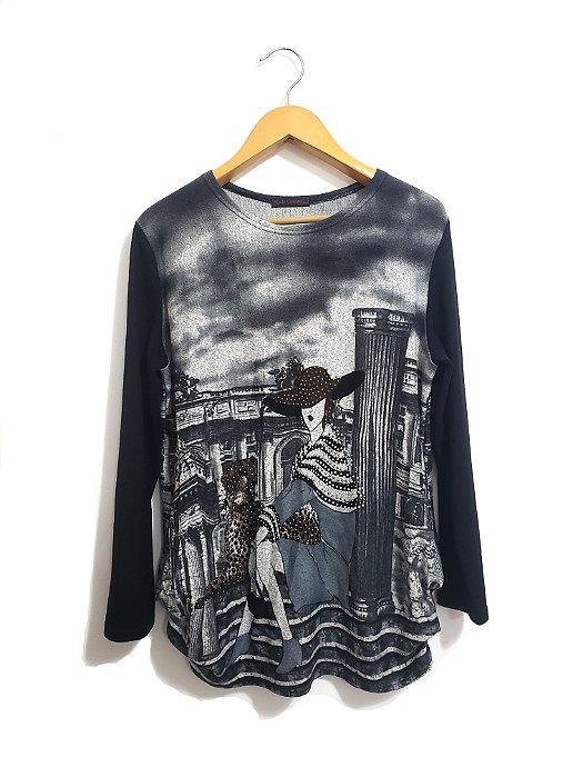 Blusa feminina fina manga comprida preta e cinza