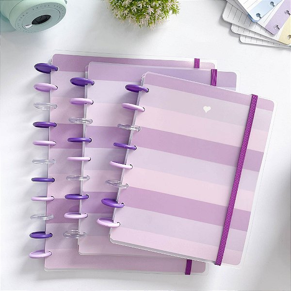 Caderno de Disco Basic Lilás Listrado  - Folhas Reposicionáveis - Inteligente