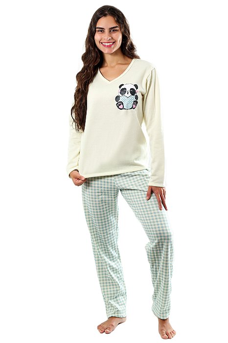 Pijama Feminino Flanelado Manga Longa Urso Panda - Empório do algodão